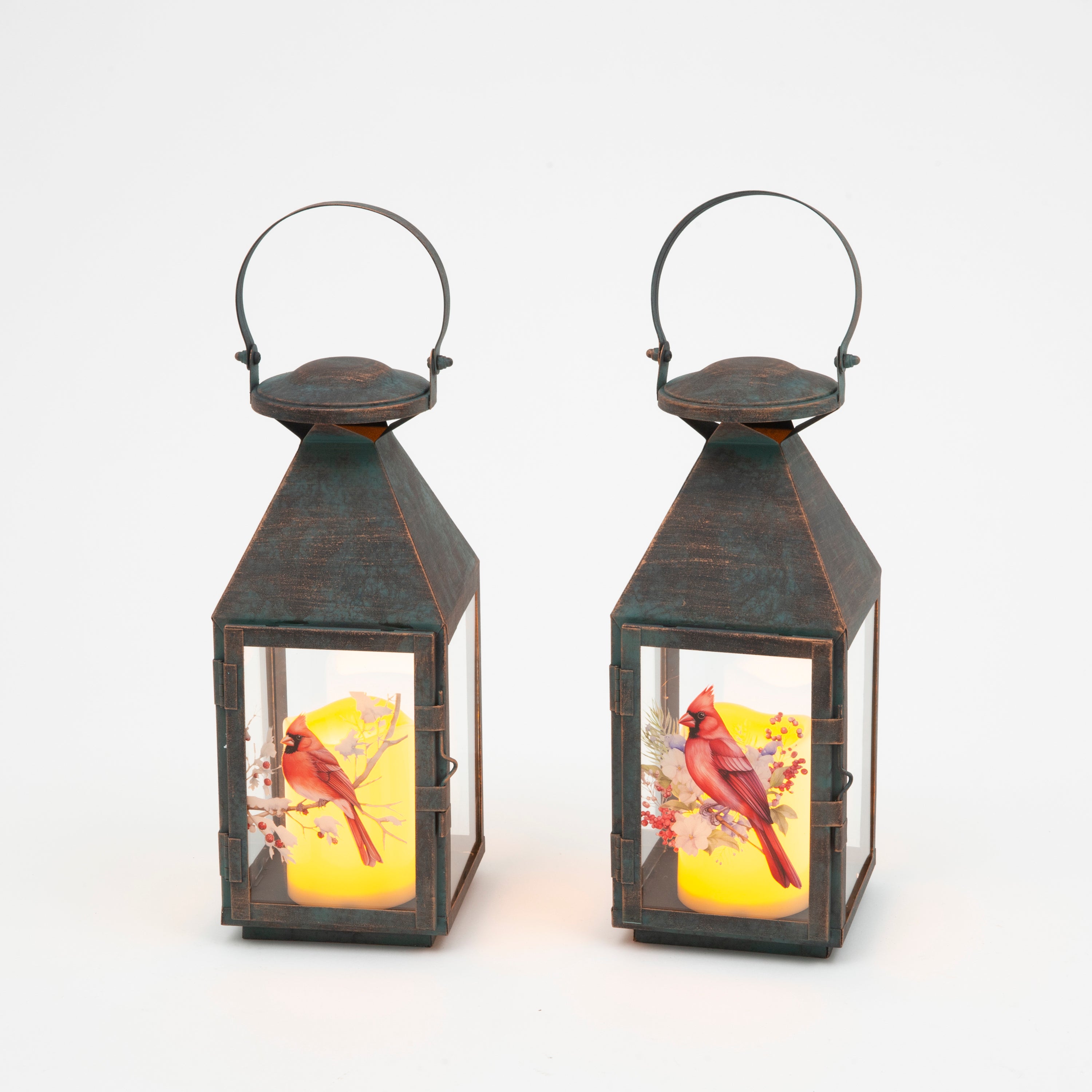 Illuminated 12.3 in H Battery Operated Lighted Metal and Glass Cardinal Design Lanterns, Set of 2